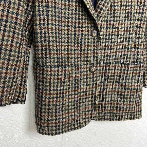 Vintage LizSport 100% Wool Plaid Tan Cream Jacket Blazer Academia Liz Claiborne - Picture 3 of 7
